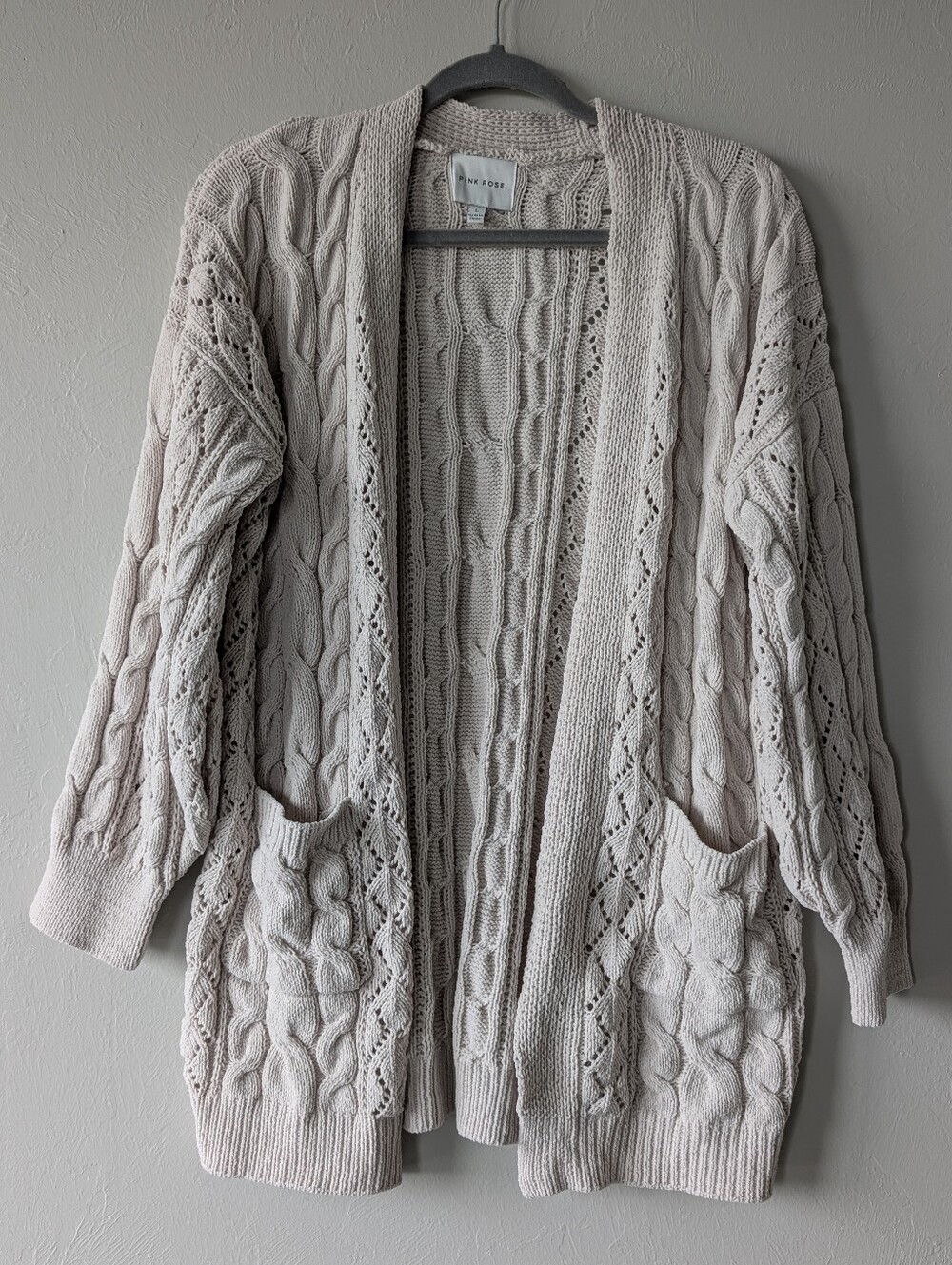 Pink Rose Open-Front Cable Knit Cardigan Sweater Light Beige Size L Open Knit